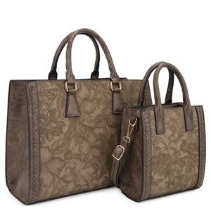 FLOWER DESIGN TEXTURE SATCHEL WITH MATCHING MINI BAG SET